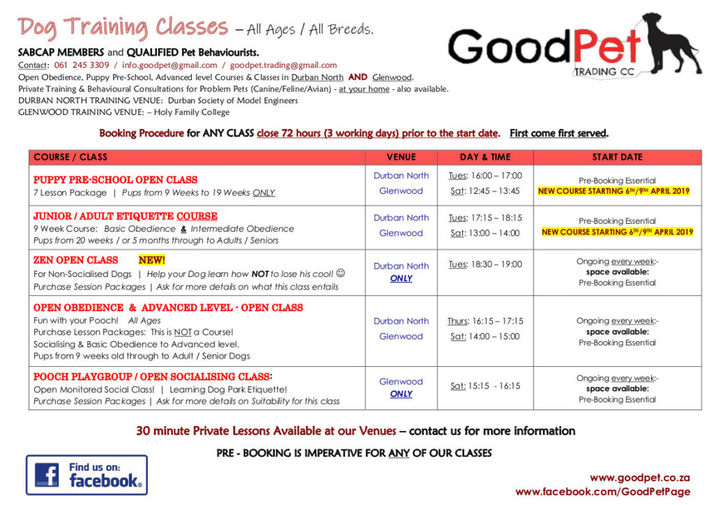 Timetable for GoodPet's Dog Training Classes in Durban